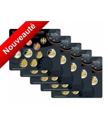 Bu Allemagne 2016 -  

Lot de 5 coffrets annuels comprenant les 8 pièces de 1 cent à 2 Euros au millésime 2016 ainsi que la 2 eu