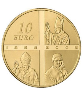 10 Euro or lourdes 2008 - Lourdes - 10 € Or 1/4 oz BE 2008

Auteur: Atelier de Gravure

Poids: 8,45 g  0.30 oz

Diamètre: 22 mm 