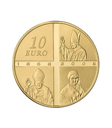 10 Euro or lourdes 2008 - Lourdes - 10 € Or 1/4 oz BE 2008

Auteur: Atelier de Gravure

Poids: 8,45 g  0.30 oz

Diamètre: 22 mm 