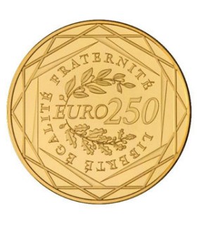 250 Euros FRANCE 2009 -  250 € OR BU 2009

Auteur: Atelier de Gravure

Poids: 8,45 g  0,30 oz

Diamètre: 22 mm  0,87 inch