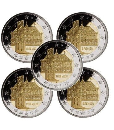 5 x 2 Euro Allemagne 2010 -Breme atelier ADFGJ - Caractéristiques:
 Diamètre: 25,75 mm
Poids: 8,47 g
Faciale: 2 €
Qualité: U