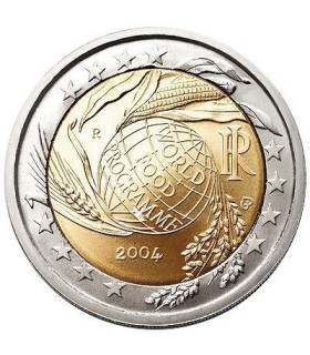 2 Euro italie 2004 Programme Alimentaire -  Description:
 À l'avant-plan figure le globe terrestre, incliné vers la droite et p
