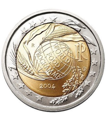 2 Euro italie 2004 Programme Alimentaire -  Description:
 À l'avant-plan figure le globe terrestre, incliné vers la droite et p
