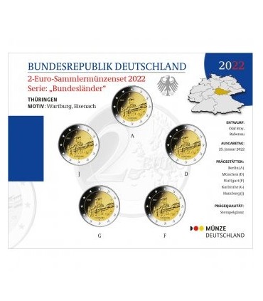 5 x 2 euro Allemagne 2022 Brillant Universel BU - Château de la Wartburg